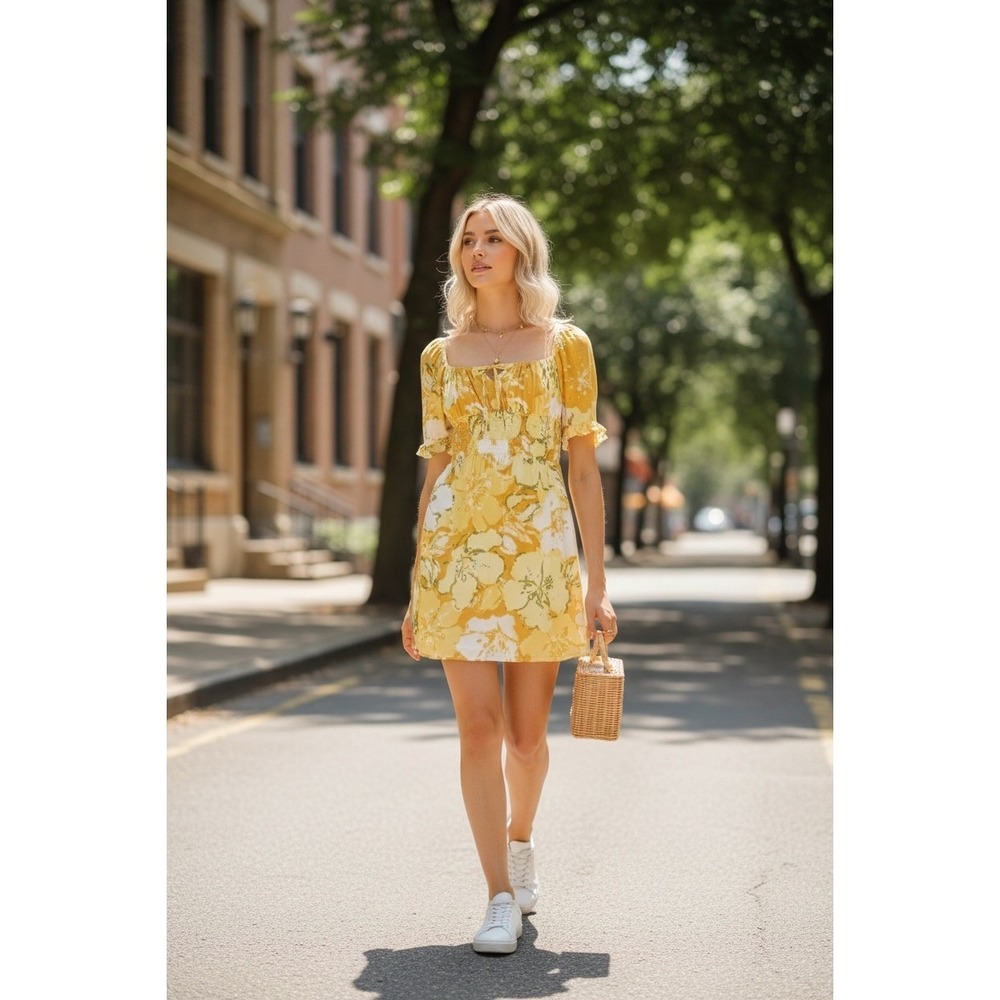 Faithfull The Brand Mini Dress Womens Yellow Floral Smocked Boho Cottagecore